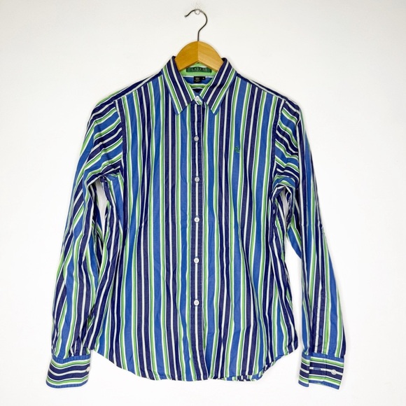 Ralph Lauren Women’s Striped Blue and Green Button Shirt Size Medium - Picture 1 of 5